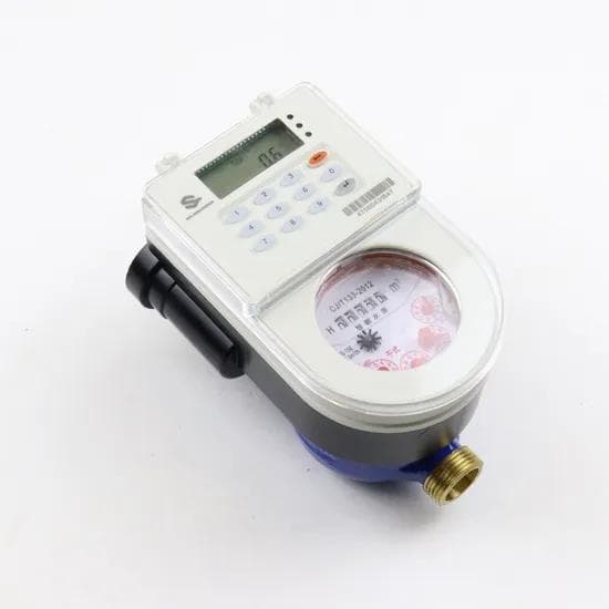 Prepaid water meter with a keypad, digital display, and mechanical dial marked in cubic metres